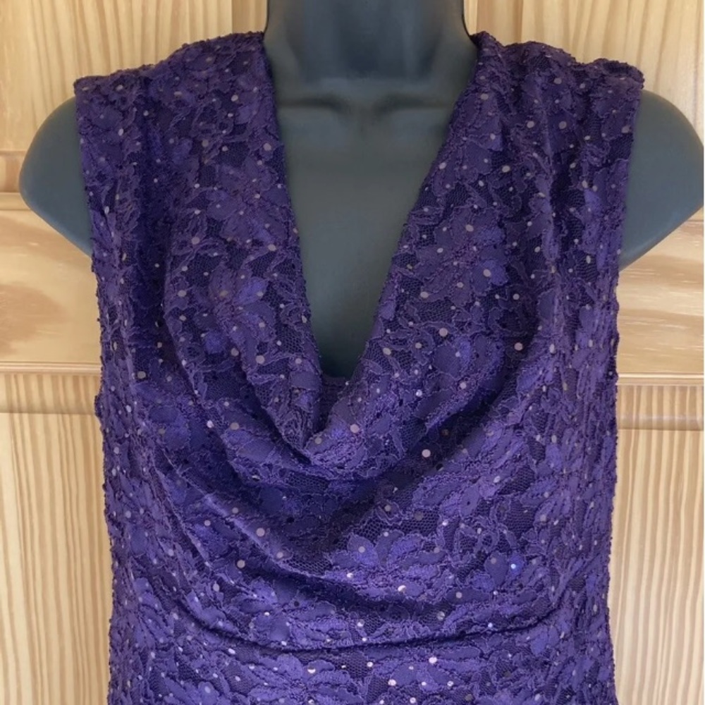 Dressbarn Connected Apparel Purple Lace Sequin Dress Size 10 Cowl Neck
